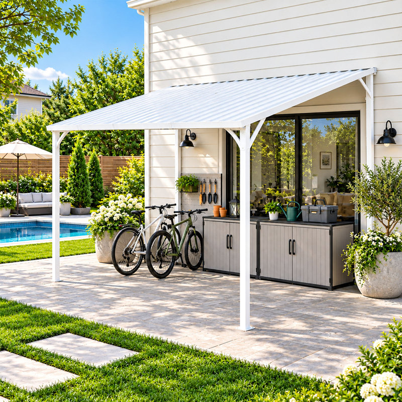 Pergola extérieure en métal blanc 12 x 8 pi, adossée à un mur