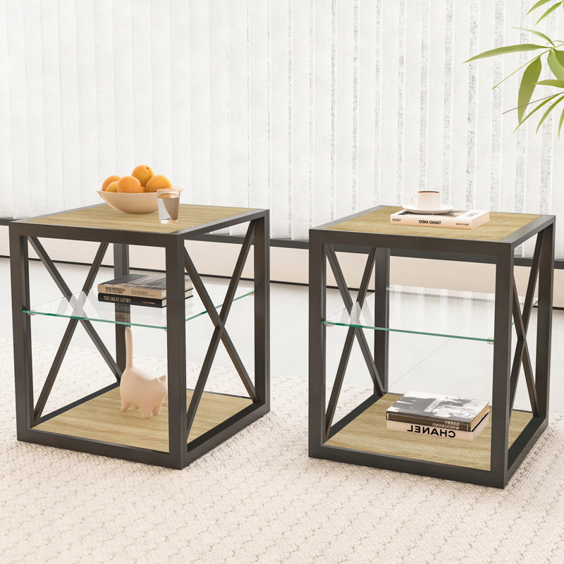Set of 2 Modern End Table Nightstand for Bedroom & Living Room, Tempered Glass & Natural Wood MDF Top , Industrial Style Side Table