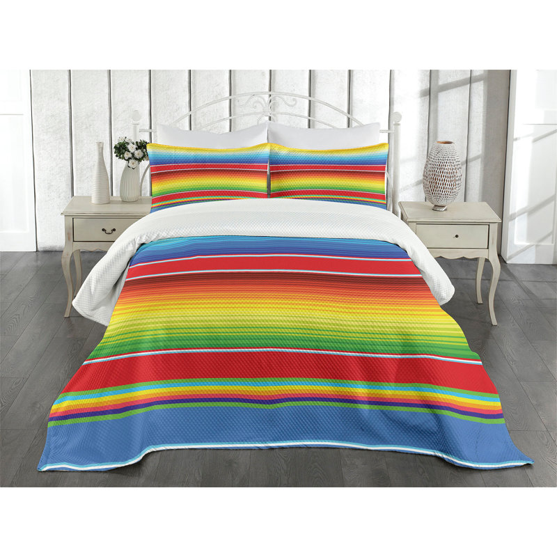Ambesonne Rainbow Bedspread Set Mexican Pattern Multicolor, King Coverlet / Bedspread + 2 Standard Shams