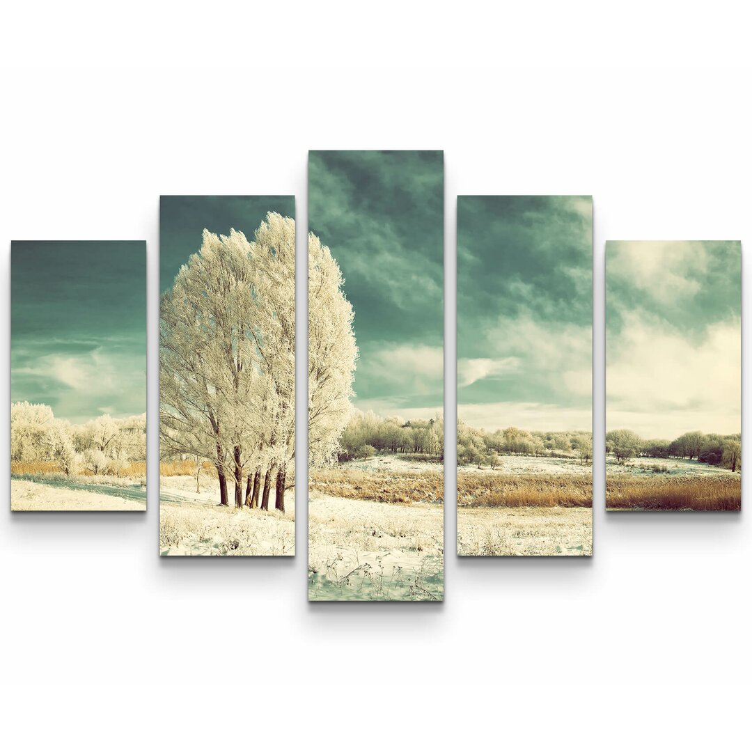 5-tlg. Leinwandbilder-Set Eisige Winterlandschaft mit Baum