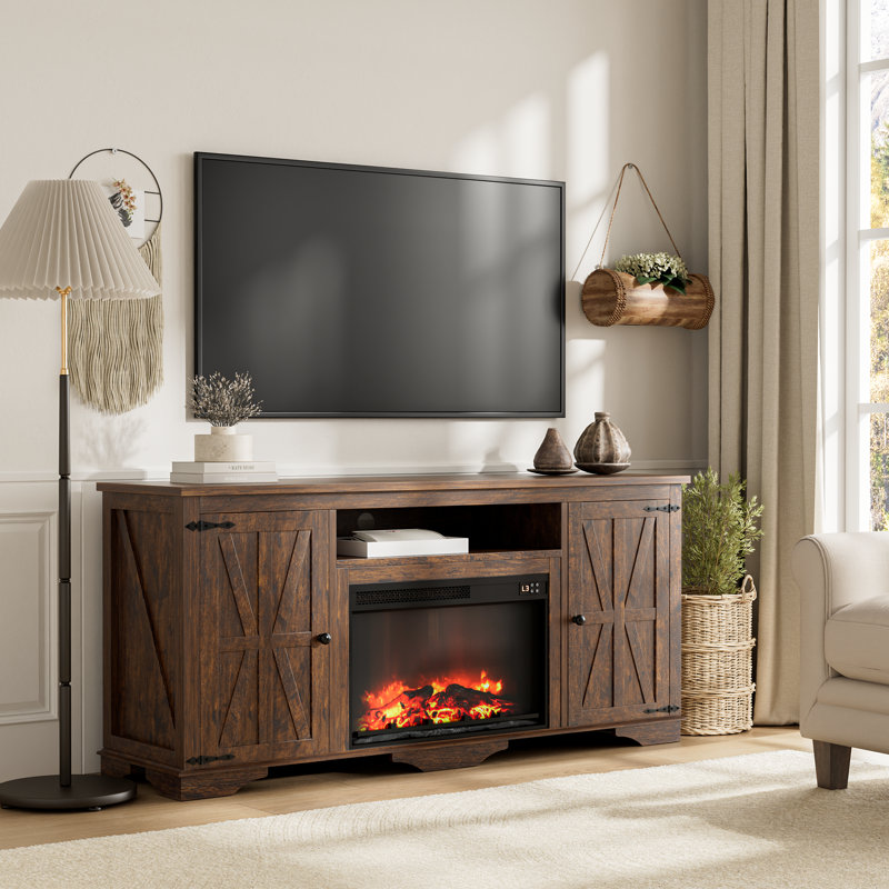 58″ Farmhouse Fireplace TV Stand with 29″ Electric Fireplace & Timer – Rustic Media Console with Barn Doors, Storage Cabinets, and Cable Management – Cozy Winter Living Room Center for TVs up to 65″