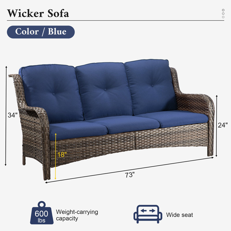 73'' Wide Outdoor Wicker Patio Sofa with Cushions, Blue