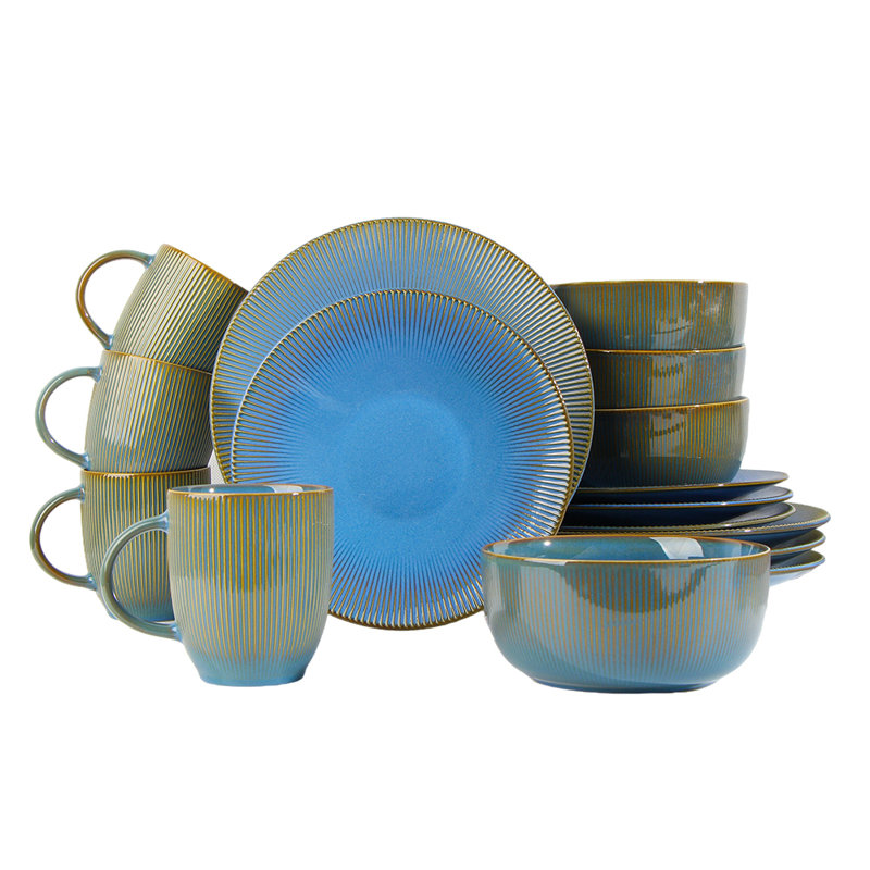 Waterside 16pc Reactive Glaze Porcelain Dinner Set, Blue
