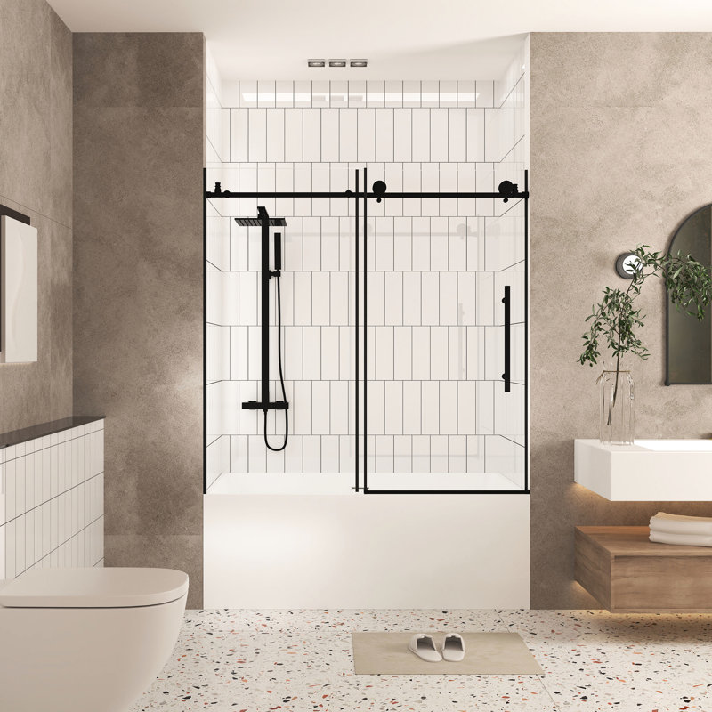 Porte de douche avec verre trempé transparent de 1/4 po de 6 mm, film à l'épreuve, poignée en acier inoxydable noir mat, l 56 à 60 po x H, fonctionnement silencieux et efficace pour un mouvement silencieux en douceur dans la salle de bain