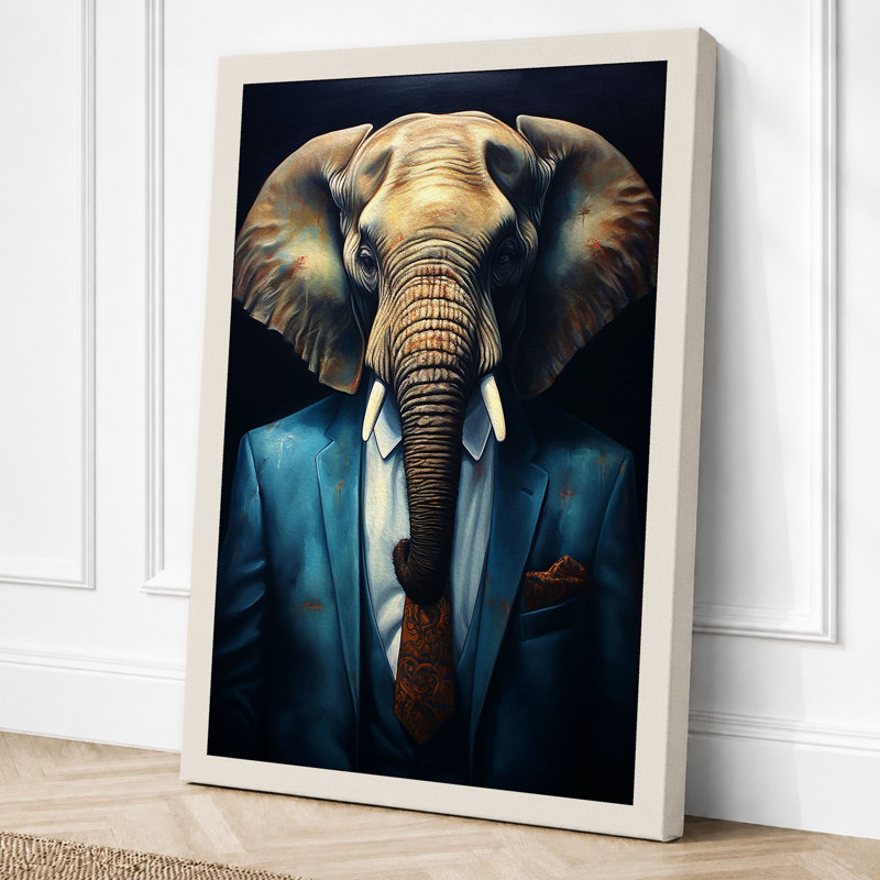 Elegant Elephant In Blue Modern - Print, 30x20 - 76.2 x 50.8 cm, Cream Border