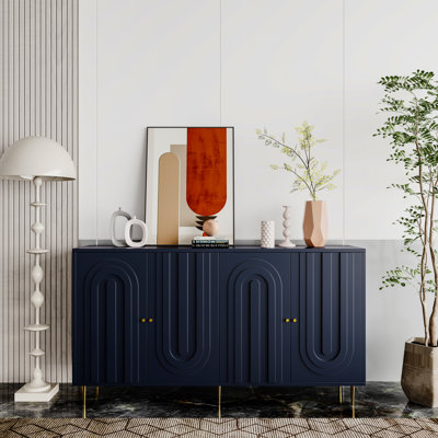 4 Door Blue Lacquered Cabinet For Entryway, Kitchen. Adjustable Shelves, Modern In Blue. For Dining Room, Office. Stable Construction