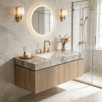 48-inch bathroom vanity with sink, featuring a light gray sintered stone countertop
