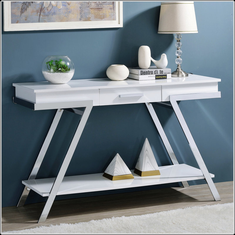 Contemporary Style White 1pc Sofa Table High Gloss Finish Chrome Frame