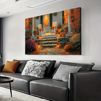 Cozy Autumn Porch, chaise berçante, scène, grande galerie, reproduction d'art sur toile pour le salon et la chambre à coucher