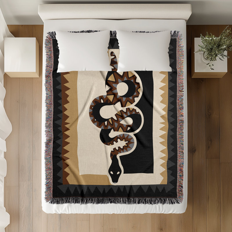 Kotu Snake Cotton Blend Blanket Throw, Black/Beige/Gray, 60" L x 50" W