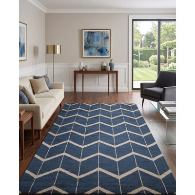 Bleu | Tapis géométrique beige noué à la main