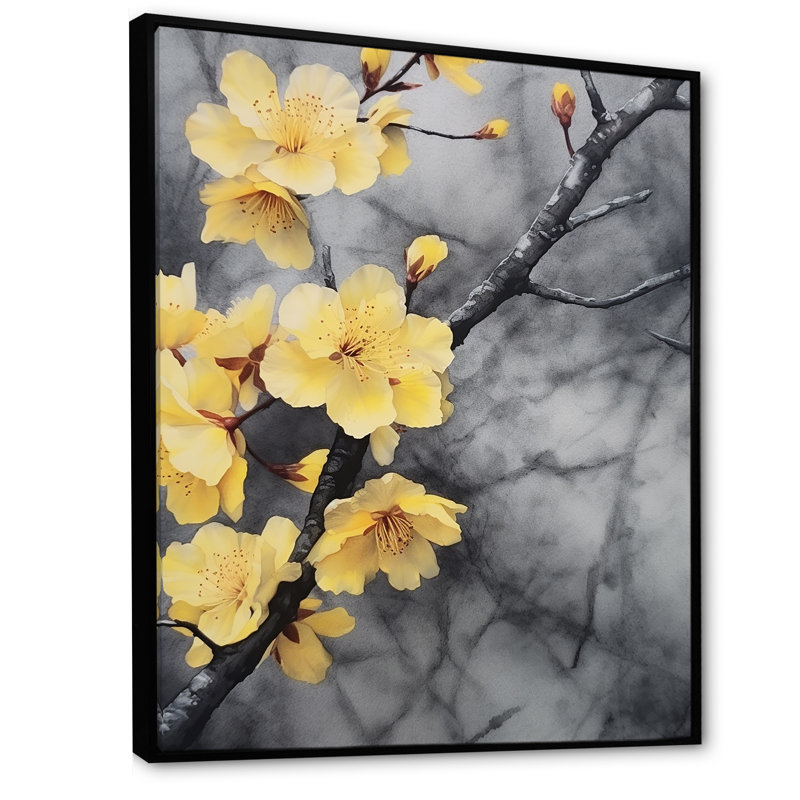 Fleurs de cerisier jaunes et grises sur toile, Cadre flottant noir, H 20 po x l 12 po