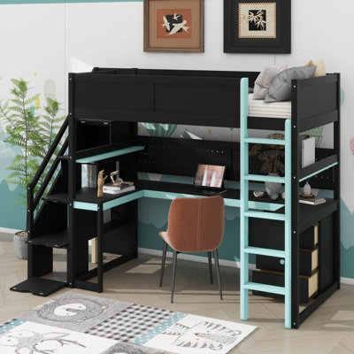 Lit mezzanine simple en bois conçu pour le jeu, avec escalier avec rangement, bureau intégré, tablettes et panneau perforé