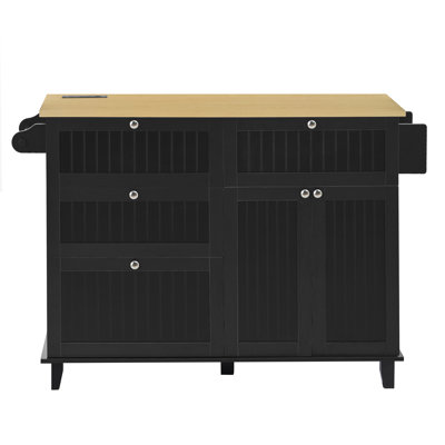 Modern Farmhouse Kitchen Island With Drop Leaf, Storage Drawers, And Power Outlet