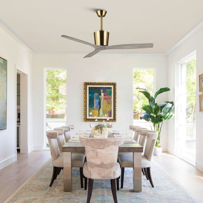 54" Solid Wood 3 - Blade Plating Gold Propeller Ceiling Fan With Remote Control Without Lights, Gold/Light Gray Wood 