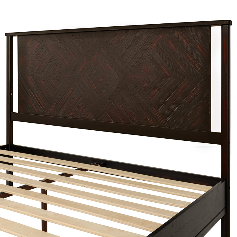 Ethan Solid Wood Platform Bed with Headboard, Rustic Bed Frame, King, Rustic Black