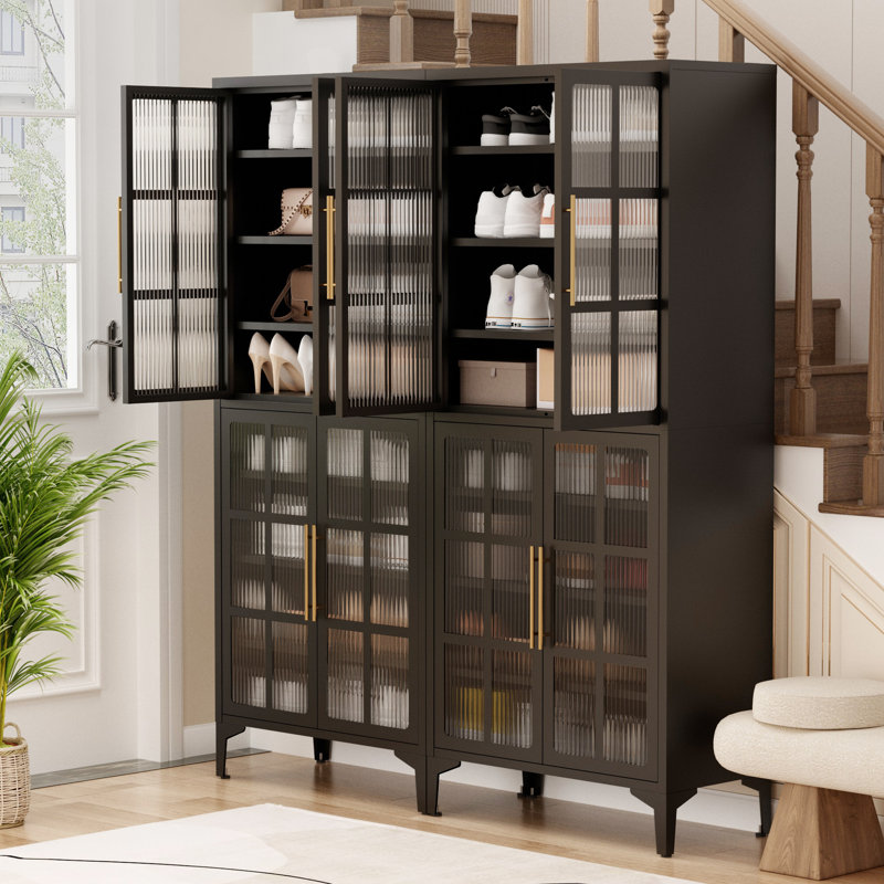 Steel Shoe Cabinet With 4 Doors & 8 Adjustable Shelves, Large Capacity Storage Organizer With Hooks – 65"H X 27.6"W X 13.8"D, Black
