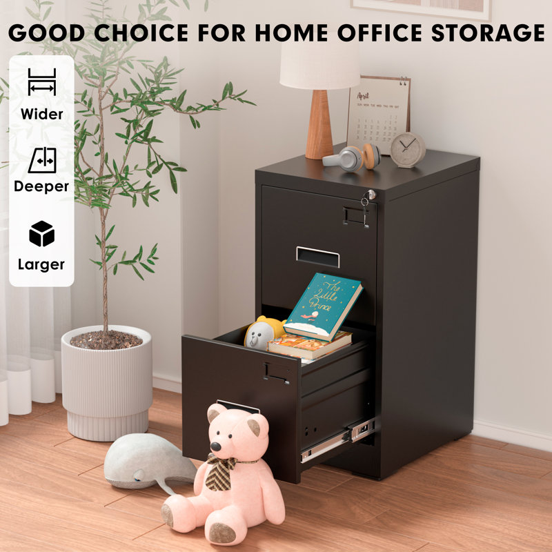 15'' Wide 2 Drawer Metal Vertical Storage File Cabinet with Lock, Black