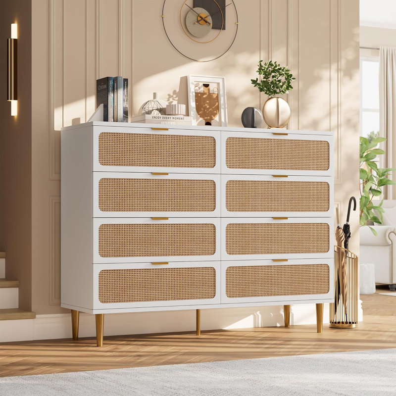 Rattan 8 Drawer Dressers for Bedroom, Tall Dresser with Deep Drawers, White