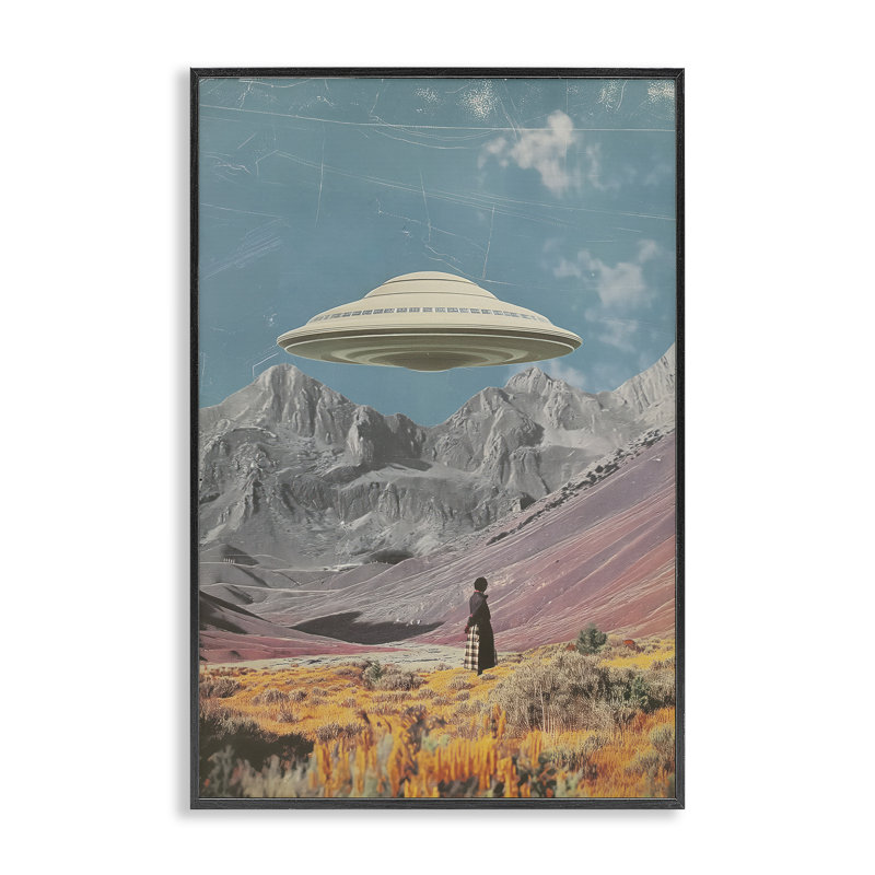 UFO sur la vallée de la montagne, estampe numérique, conception de Wumples, H 18 po x l 12 po, Giclée encadrée noir minuit