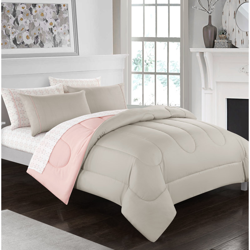 Blush and Beige Queen Reversible Polyester Comforter Set
