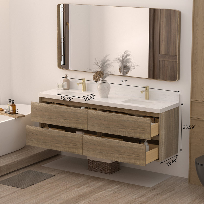 Tiberiu Floating Bathroom Vanity With Sink, Antique Oak, 72"