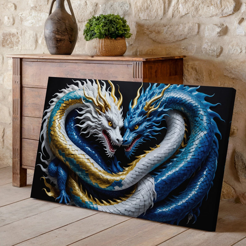 Toile, une illustration dynamique de deux dragons entrelacés, l'un avec art mural, crinière blanche majestueuse et expression féroce, l'autre