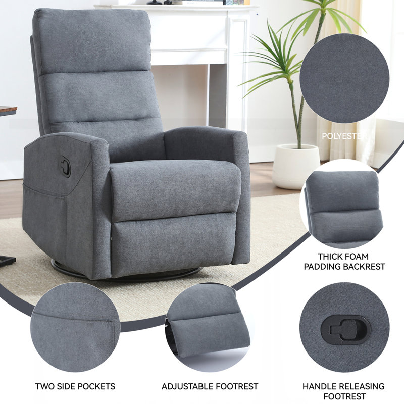 Manual Recliner Chair with Rocker and Swivel in Fabric, Gray