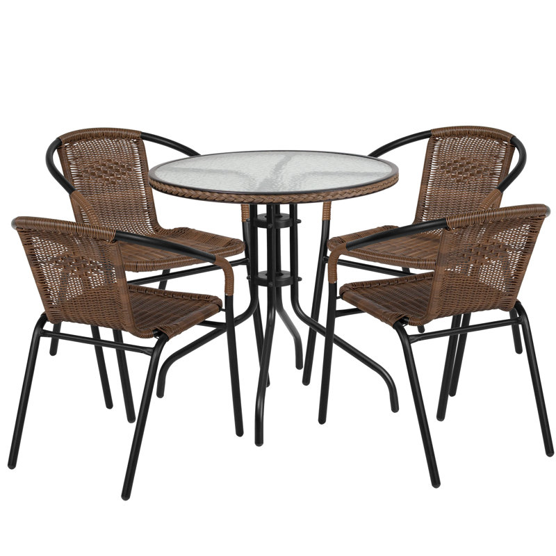 28'' Round Glass Table with Rattan Edging and 4 Rattan Stack Chairs, Dark Brown