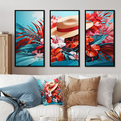 Plantes tropicales roses et bleues avec chapeau - accessoires de mode, art mural