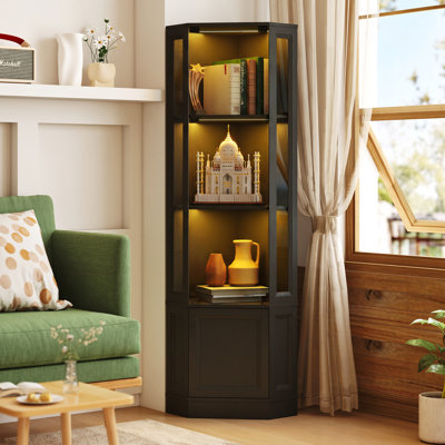 Vitrine de coin 65 "avec porte vitrée, lumières DEL et tablettes réglables