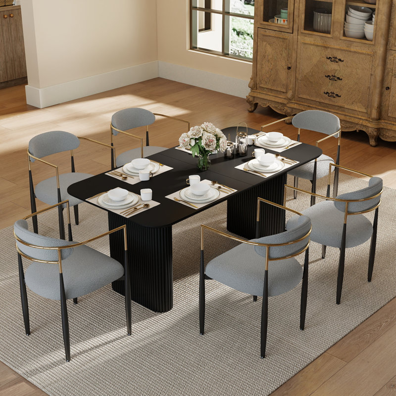 Table de salle à manger rectangulaire pour 4 à 6 personnes, 7 pièces : table, 6 chaises, Gris, Noir