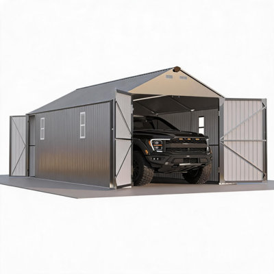 12x20 FT Enclosed Metal Carport, Gray Vertical Steel Roof All-Weather Garage Shed with Man Door, Double Galvanized Steel Shelter for Sedan SUV Vehicle Storage
