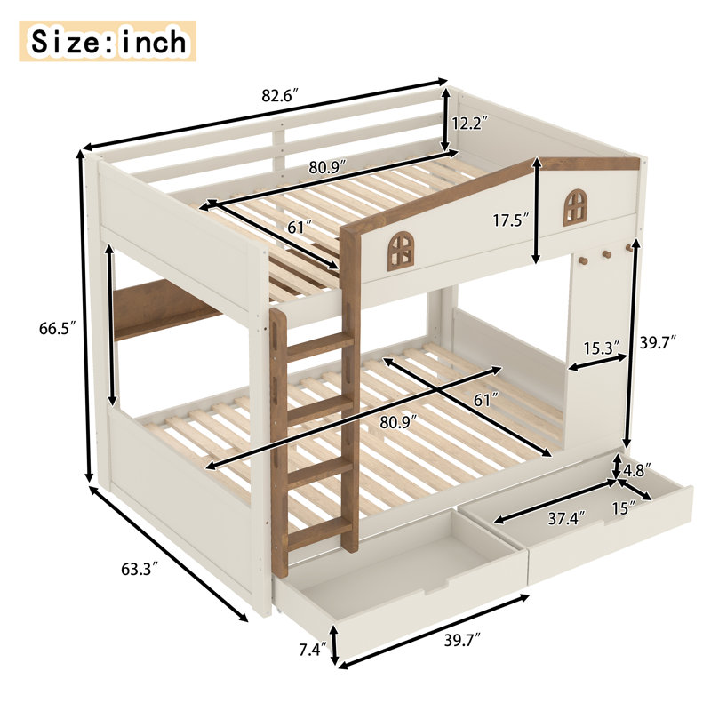 Lit superposé en bois massif grand sur grand - beige et naturel, avec tiroirs de rangement, tablettes et crochets, aucun sommier requis