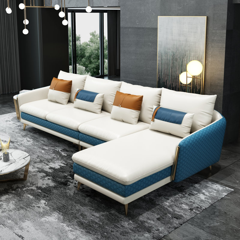 Canapé et méridienne en cuir véritable de 128,5 po Ellaville, Orienté vers la droite, Cuir véritable blanc / bleu