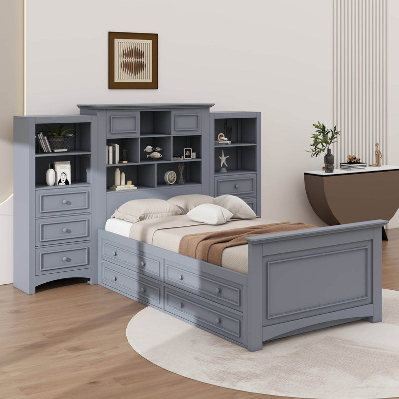 Base de lit multifonctionnelle simple avec rangement intégré et tablettes, Gris