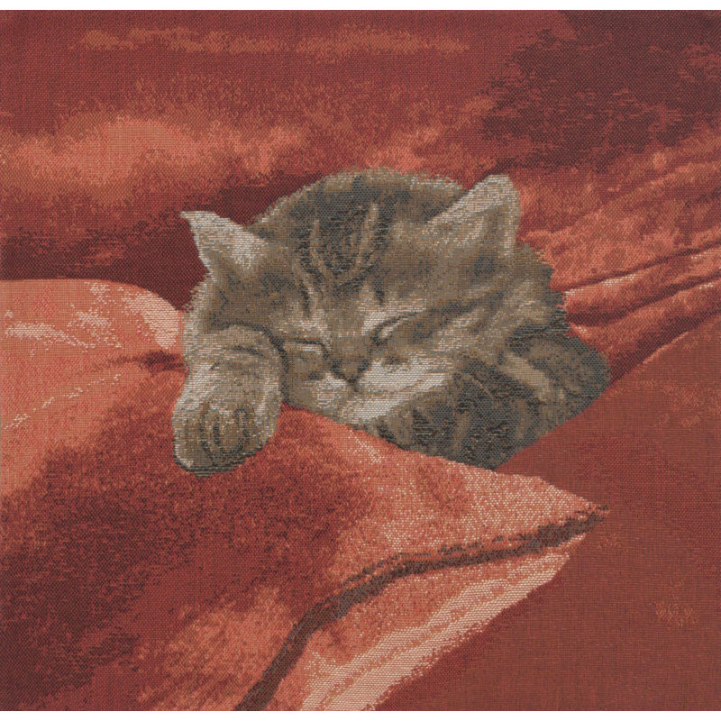 Red Cotton Euro Pillow Cover with Sleeping Cat Design