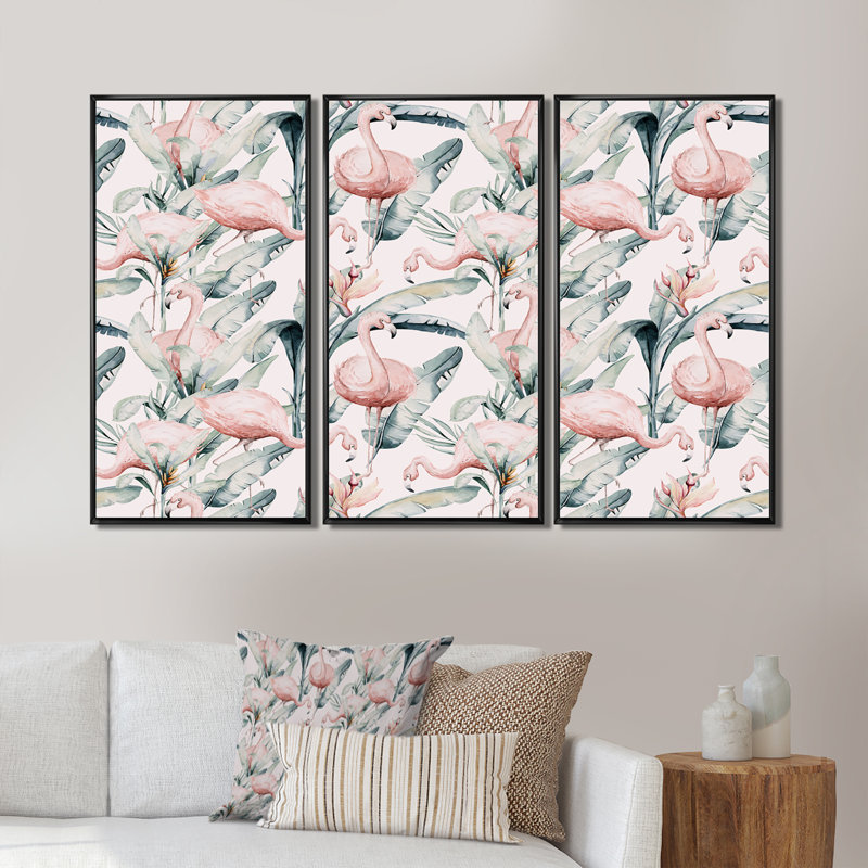 Feuilles tropicales avec flamant rose - impression sur toile flottante 3 pièces, H 20 po x l 36 po x P 1 po, Cadre noir