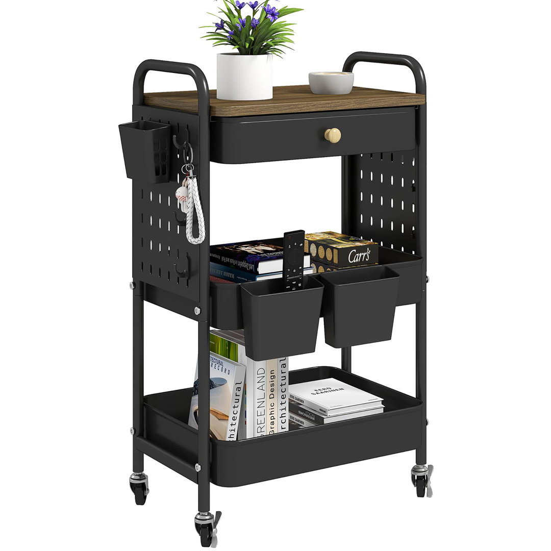 3 Tier Rolling Cart, Metal Utility Cart with Wooden Table Top & DIY Pegboard