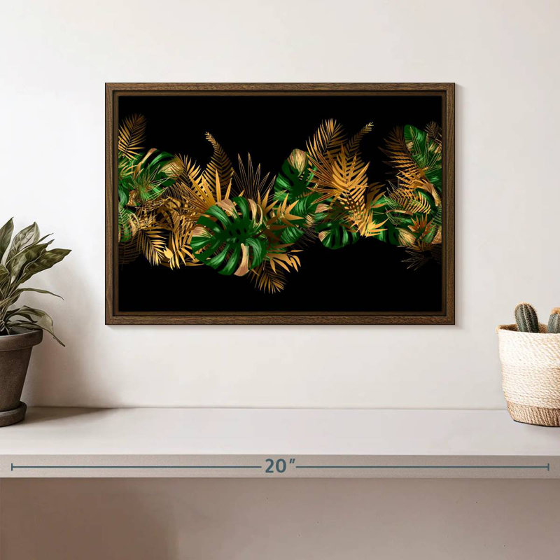 Feuilles dorées et vertes, 13 po x 9 po, Cadre flottant en noyer