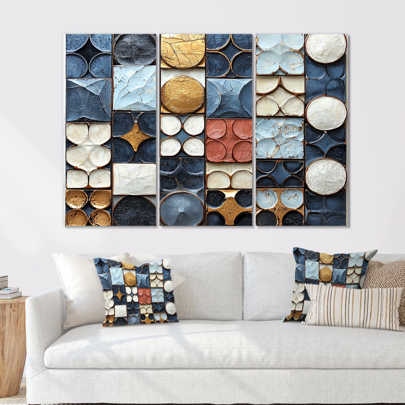 Abstract Blue And White Rhythms Tiles II - Abstract Tile Wall Art Set, Metal, 40" H x 60" W x 1" D