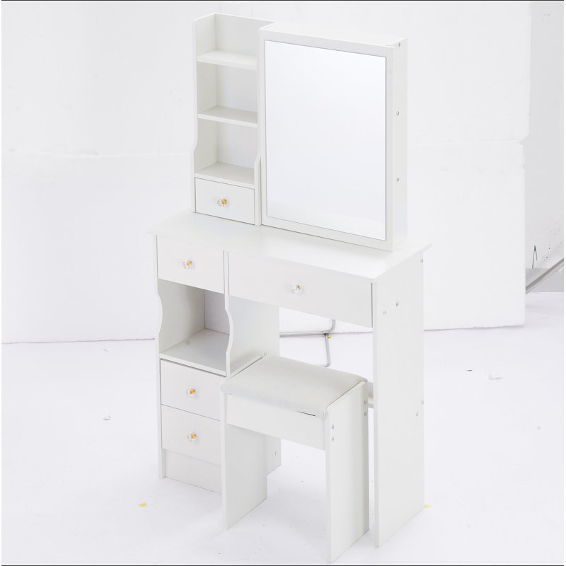 Petite coiffeuse 29,2 po avec tabouret de bureau à gauche et tabouret rembourré, très grand miroir coulissant à droite, rangement multicouche à grande capacité, commode pratique et pratique, convient aux petits espaces