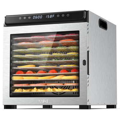 Machine à déshydrateur YASHE, séchoir à aliments en acier inoxydable 10, minuterie 72H et contrôle de la température (95 ° F-167 ° F), déshydrateurs 1100W pour aliments et saccades, herbes, fruits, gâteries pour chiens, livre de recettes inclus