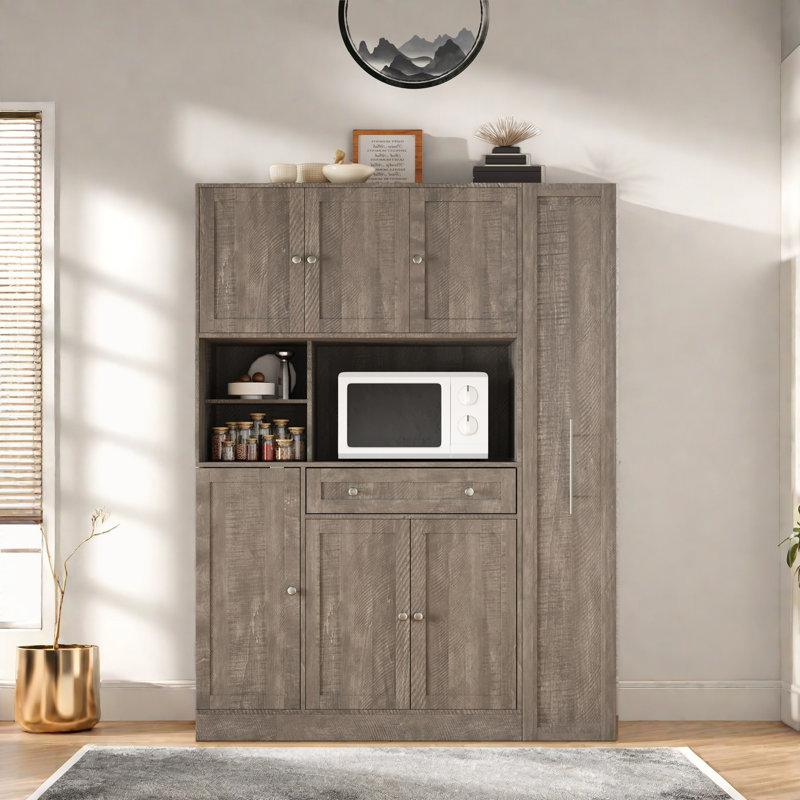 Garde-manger autoportant avec armoire latérale, tablettes de porte et tiroir, Blanc, Brun