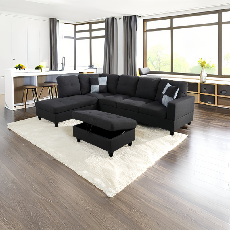 Canapé modulaire rembourré 3 pièces Quinnes, Lin gris foncé, Accoudoir à gauche (vu de face)