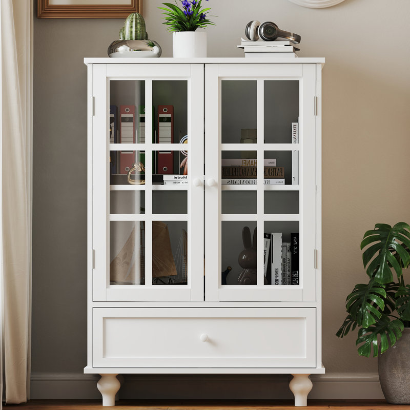 Buffet Cabinet with Double Glass Doors and Drawer, Modern Wooden Storage Sideboard Cupboard for Living room, Dining Room Hallway Entryway 