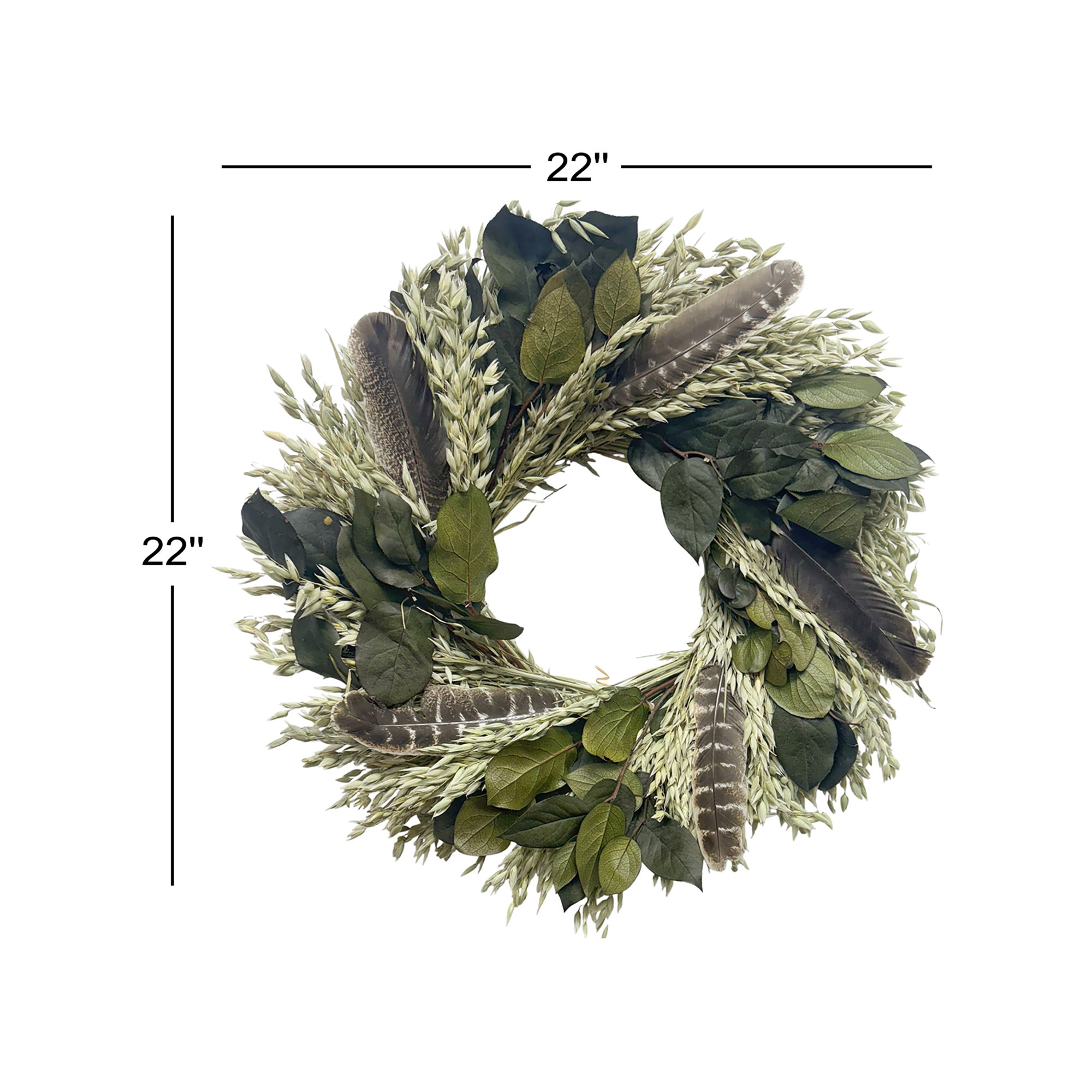 Natural Dried and Preserved Fall Leaves Wreath with Turkey Feathers, Green/Gray/White/Silver