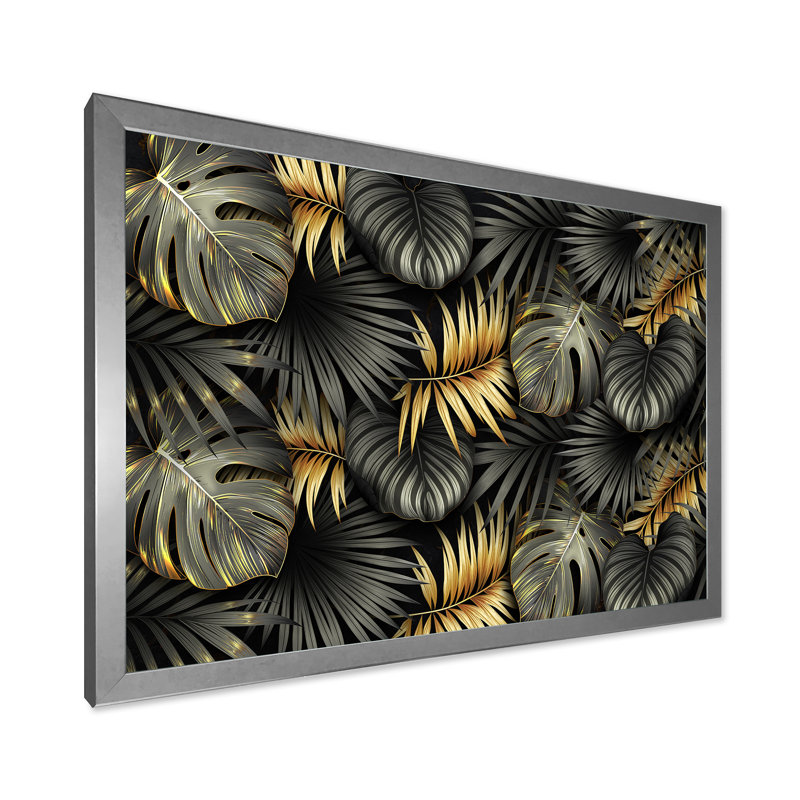 «Black and Gold Tropical Leaves II», impression sur toile, H 16 po x l 32 po x P 1,5 po, Toile encadrée argentée