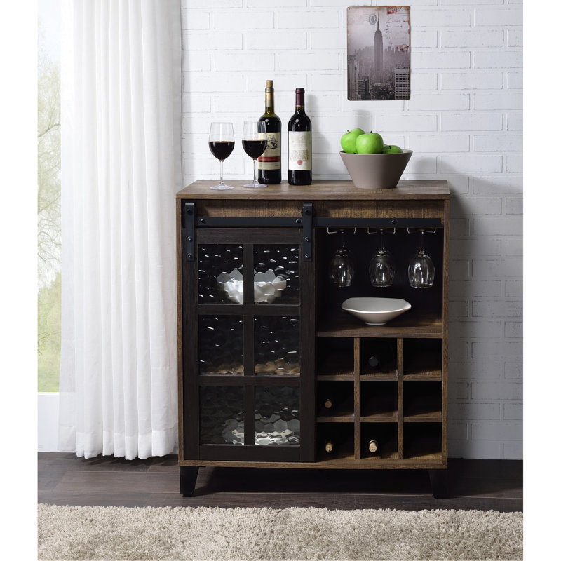 Armoire à vin rustique en bois noir et chêne avec tablette de verre obscure