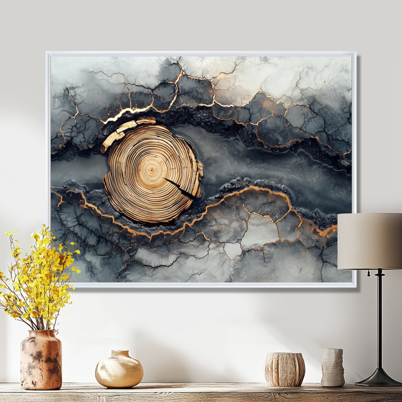 «Winter Dam River of Wood Slide and Crystal III», art mural, H 24 po x l 32 po, Cadre flottant, Blanc